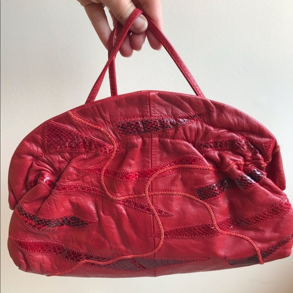 Vintage Handbags - Vintage 80s Punk Red Leather Snake Crossbody Patch